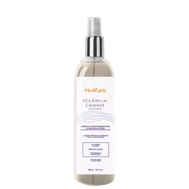 Frasco de 300 ml da Essência Calmante da Medicatriz, com rótulo branco e detalhes em azul, contendo loção tônica e sérum para hidratação e descongestão da pele.