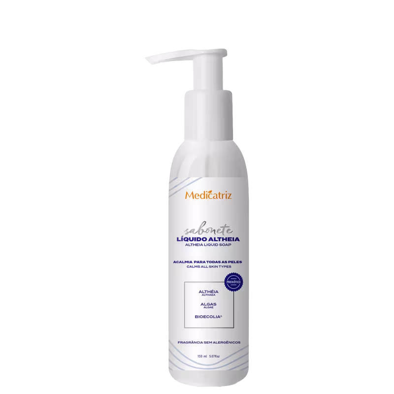 Frasco branco com bomba doseadora contendo sabonete líquido Altheia da Medicatriz, com informações sobre ingredientes e benefícios na embalagem.