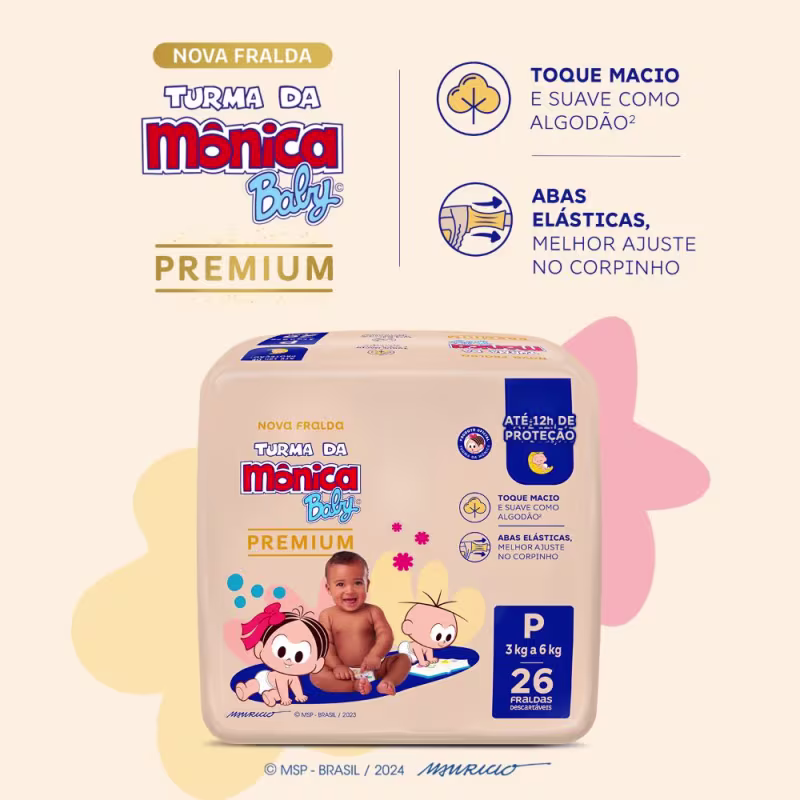 Fralda Turma da Mônica Baby Premium Jumbo P com 26un