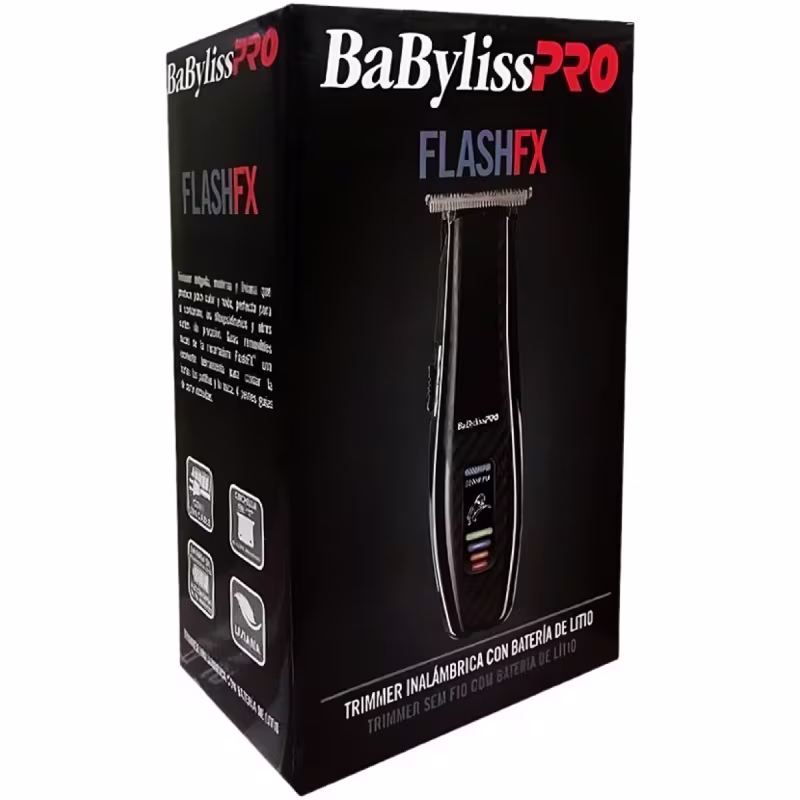 A embalagem é uma caixa preta com detalhes em vermelho e branco. Na parte frontal, há uma imagem do aparelho e informações como Trimmer inalámbrico con batería de litio (Trimmer sem fio com bateria de lítio). Também são exibidos ícones de características.