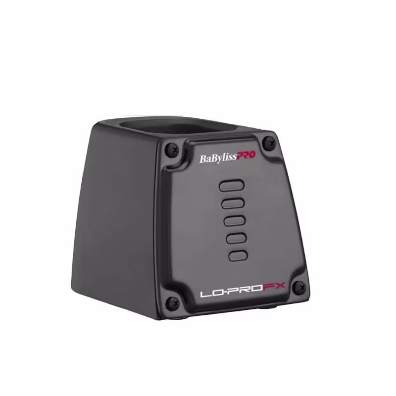 Base de Carregamento de Máquina de Acabamento da marca BaBylissPRO. O produto tem um design compacto e robusto, com uma carcaça plástica preta e detalhes em cinza escuro, no formato semelhante a um cubo.