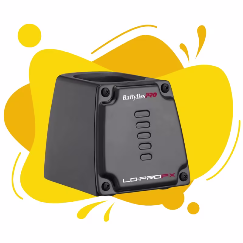 A imagem mostra a base carregadora com um design compacto, corpo retangular preto e ao fundo tem detalhes amarelos com formas orgânicas.