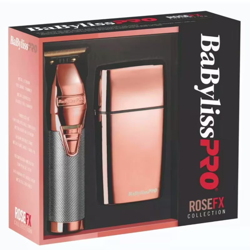 É um conjunto de produtos de beleza BaByliss Pro da linha RoseFX Collection. A embalagem principal é uma caixa preta com detalhes em rosa e vermelho, exibindo o nome BaByliss Pro em letras grandes. Dentro da caixa, há uma máquina de acabamento e barbeador