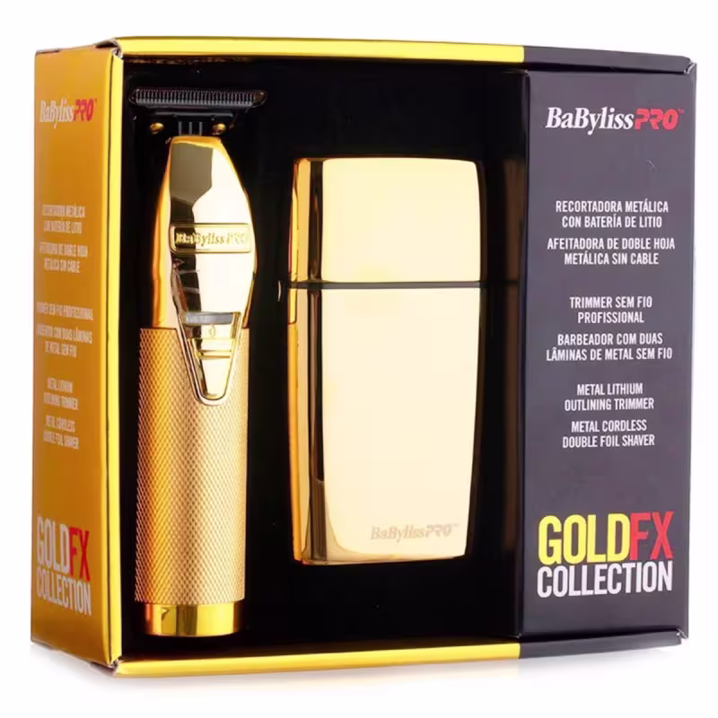 É um conjunto de produtos de beleza BaByliss Pro da linha GoldFX Collection. A embalagem principal é uma caixa preta com detalhes em dourados e vermelho, exibindo o nome da marca em letras grandes. Dentro da caixa, há uma máquina de acabamento e barbeador