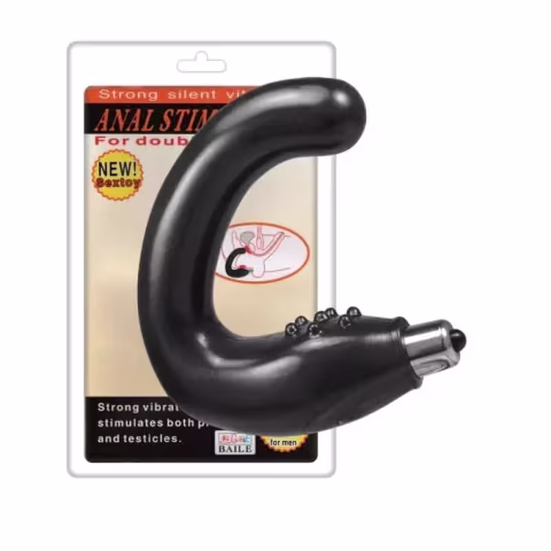 Vibrador anal preto com design ergonômico e vibração forte, embalado em caixa branca com rótulo destacado.