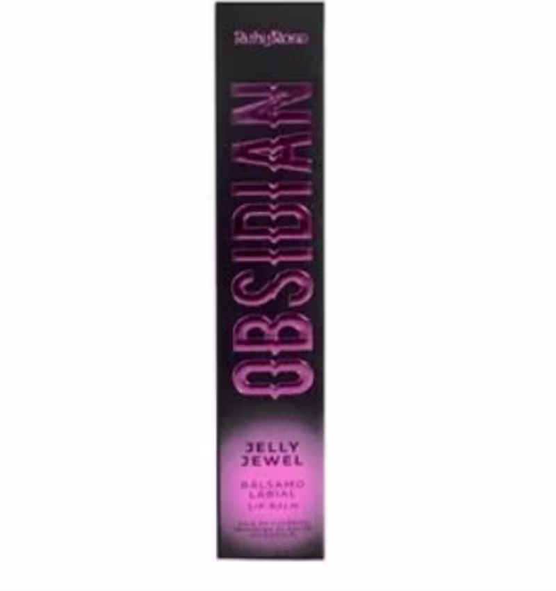 Uma caixa retangular preta com o logotipo "Ruby Rose" e o texto "Jelly Jewel Balsamo Labial" em rosa metálico.