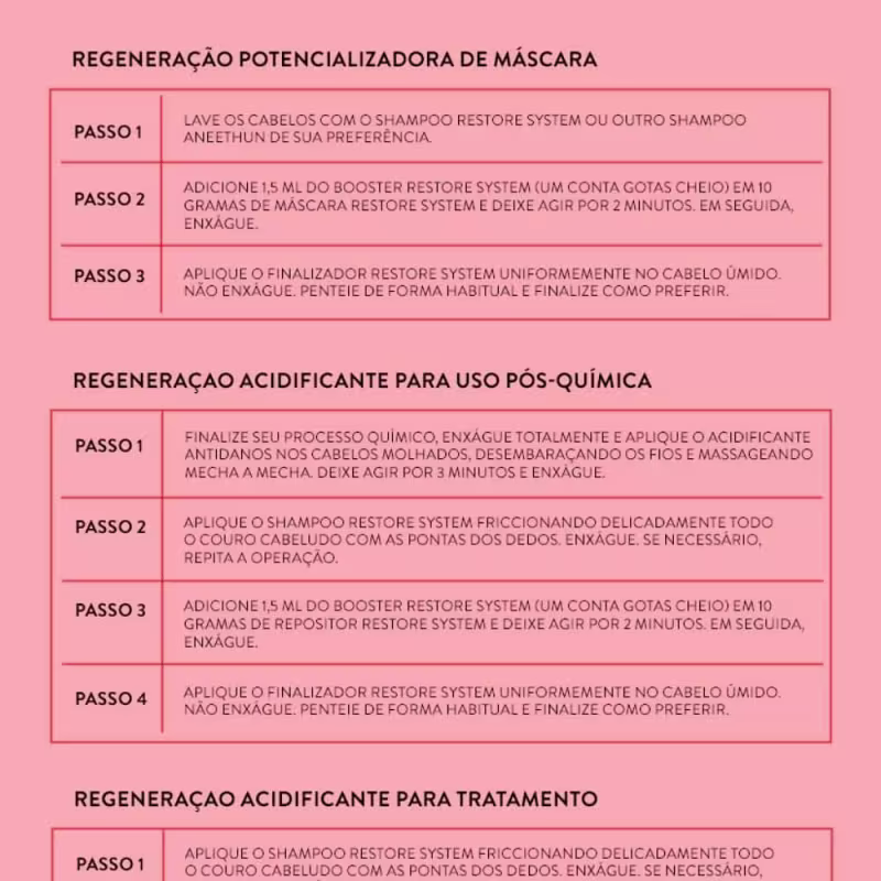 A imagem mostra o passo a passo de utilização para um tratamento de regeneração potencializadora de máscara, outro passo a passo para cabelos com química e outro com acidificante para tratamento.