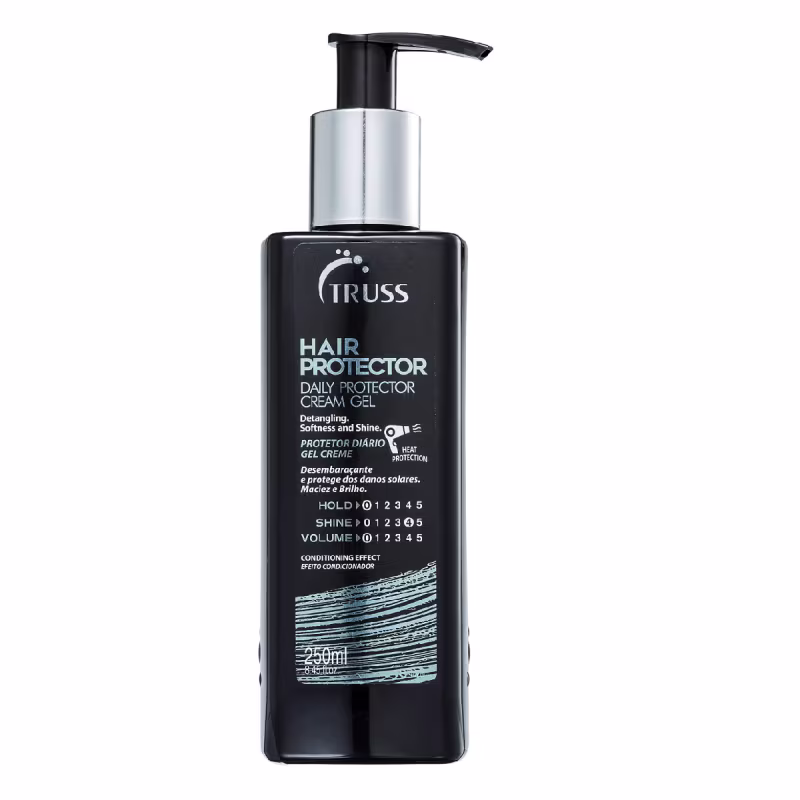 A imagem mostra um frasco de leave-in com tampa pump preta.