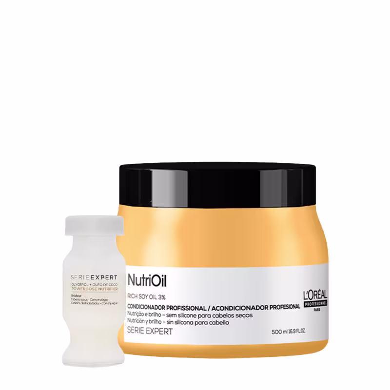 Máscara carapilar profissional da linha Serie Expert NutriOil da L'Oréal Professionnel. O frasco é de plástico rígido, com uma parte inferior amarela e uma tampa preta brilhante. Ao lado, também há uma ampola capilar, ideal para nutrir os fios.