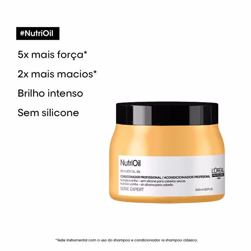 Máscara capilar da linha NutriOil da L'Oréal Professionnel. A embalagem é um pote de cor amarela com a tampa preta. Na frente, há o logotipo NutriOil e informações sobre o produto, como "5x mais força", "2x mais macios" e "Brilho intenso".