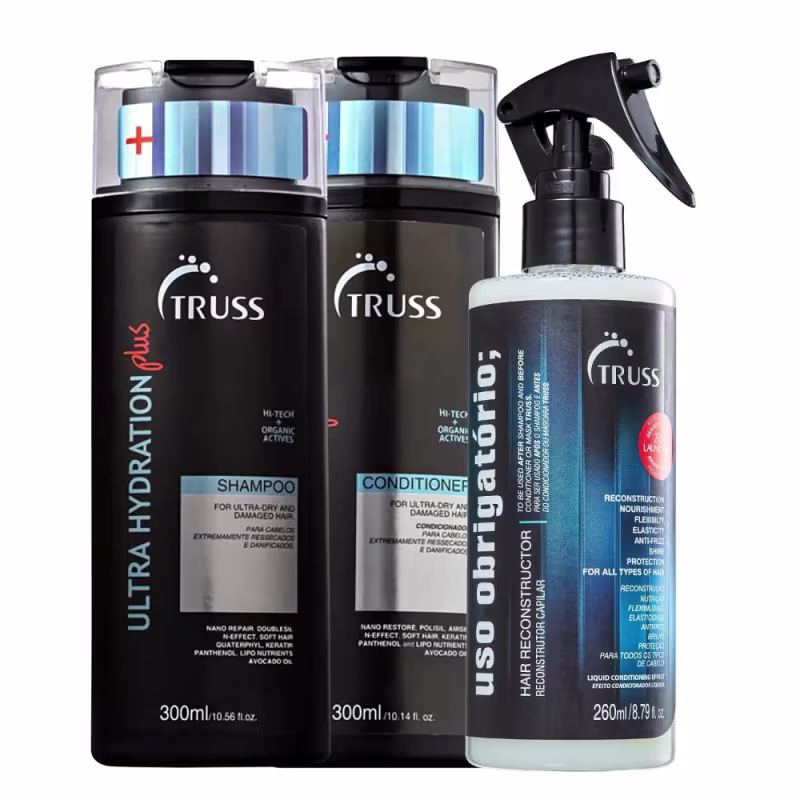 Kit com 3 produtos de TRUSS. Dois frascos grandes de shampoo e condicionador, um frasco de uso obrigatório spray.