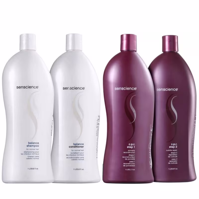 A imagem mostra quatro frascos de produtos para cabelo. Dois frascos são brancos e contêm shampoo e condicionador da linha "Balance". Os outros dois frascos são vinho e contêm os produtos da linha "C.P.R".