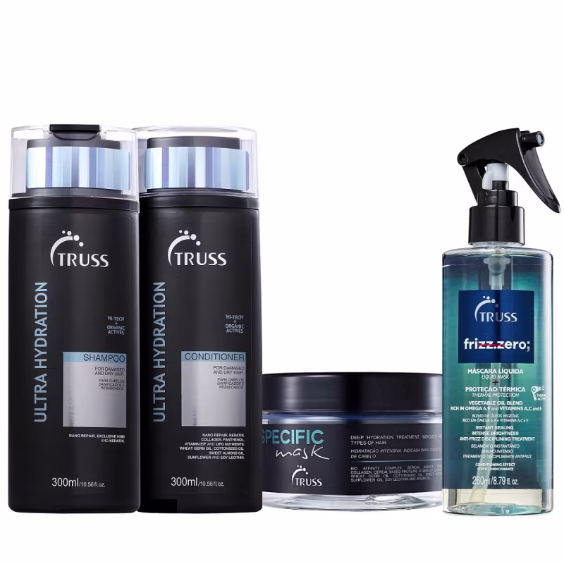 Kit com 4 produtos de TRUSS. Dois frascos grandes de shampoo e condicionador, um frasco de frizz zero spray e um pote redondo de máscara capilar.