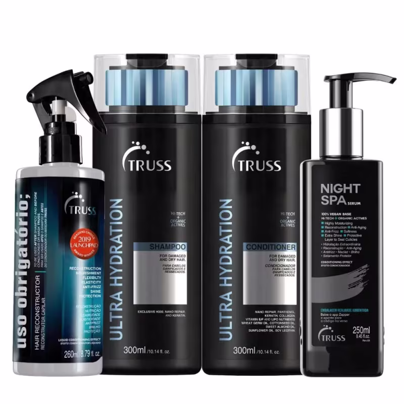 Kit Truss Ultra Hydration - Shampoo 300ml + Condicionador 300ml + Night Spa 250ml + Uso Obrigatório 260ml