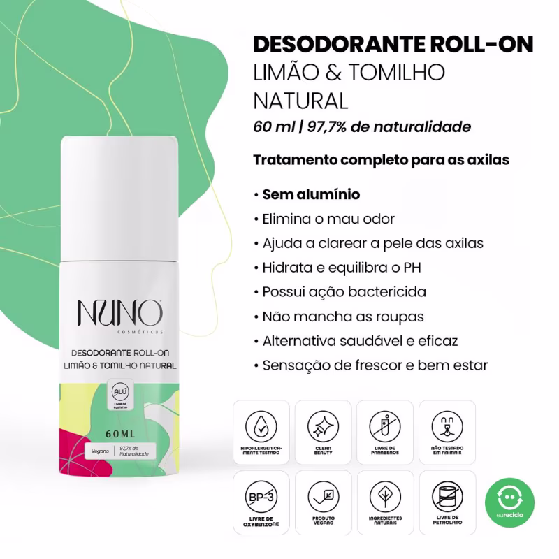 A embalagem branca exibe as informações do desodorante roll-on. A imagem apresenta ícones que representam os benefícios do produto, como vegano, sem álcool, sem corantes, sem parabenos, sem óleo de palma e livre de crueldade animal.