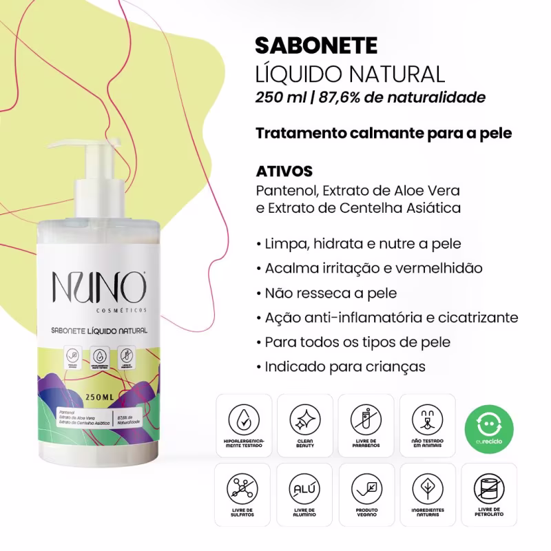 Na imagem um sabonete líquido. Trata-se de um tratamento calmante para a pele com 250ml e 87,6% de ingredientes naturais. Na embalagem há selos que indicam que o produto é vegano, não testado em animais, livre de corantes, álcool e parabenos.
