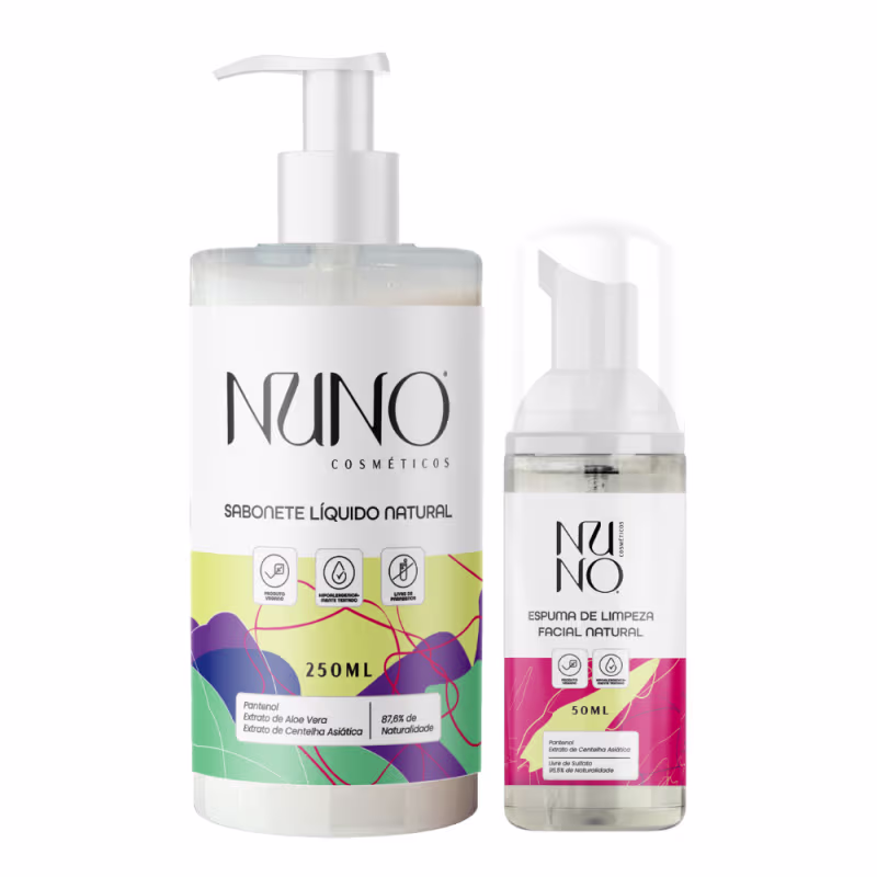 A imagem mostra dois produtos da marca Nuno Cosméticos Naturais. À esquerda, um sabonete líquido de 250ml em uma embalagem de plástico branco com detalhes coloridos. À direita, há uma espuma de limpeza facial em uma embalagem de 50ml.