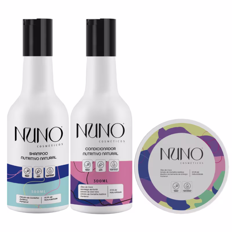 Na imagem há três produtos Nuno Cosméticos Naturais: um shampoo nutritivo com embalagem branca e detalhes azuis, um condicionador nutritivo com detalhes rosa, e uma máscara de tratamento capilar em embalagem redonda com padrões roxos, amarelos e rosas.