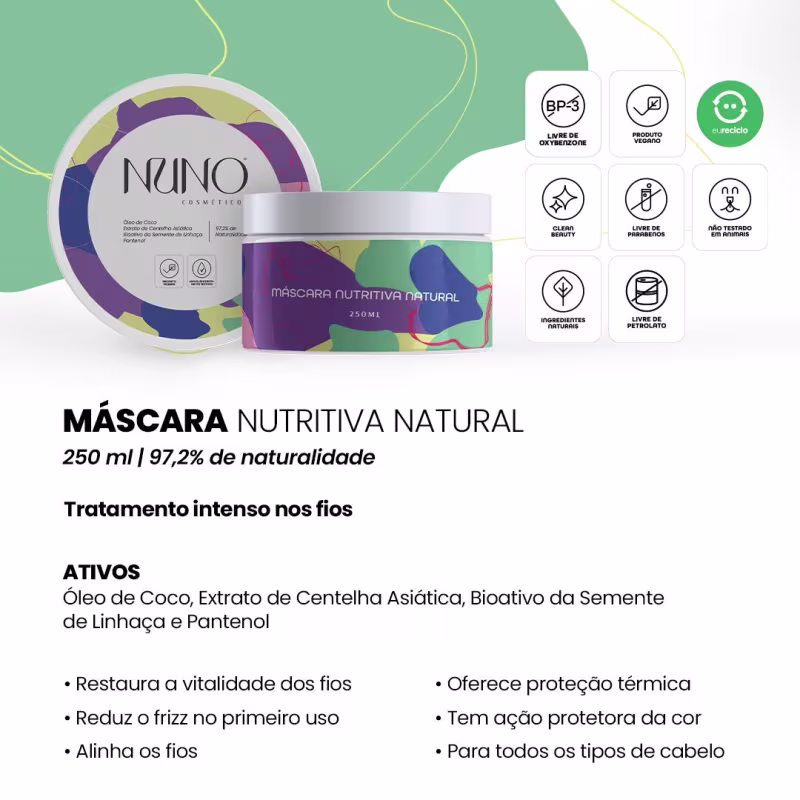 Na imagem uma máscara capilar. No rótulo há informações indicando que é um "Óleo de Coco Extraído da Castanha Asiática Bioativo da Semente de Urucum" com 97,2% de naturalidade. Também há dois símbolos indicando que é um produto vegano e de origem vegetal.