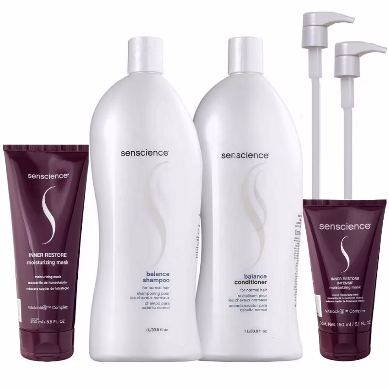 Kit Senscience com Balance Shampoo 1L e Condicionador 1L + Máscaras Inner Intensif 150ml e Inner Moisturizing 200ml + 2 Válvulas Pump