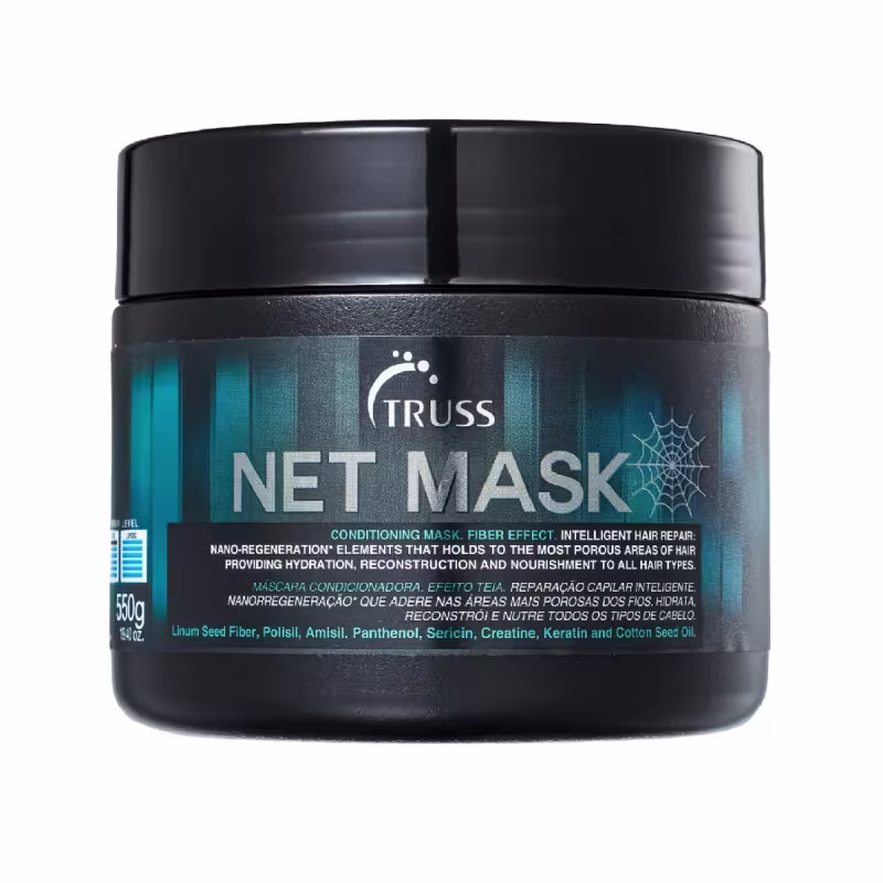 A imagem mostra uma máscara capilar, da marca Truss, chamada net mask.