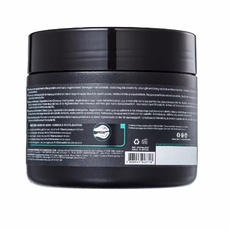 A imagem mostra um pote redondo de máscara capilar, de costas.