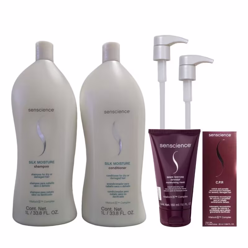 Kit Senscience Silk Moisture Shampoo 1L + Condicionador 1L + Inner Restore Intensif 150ml + CPR 2x25ml +2  Válvulas Pump