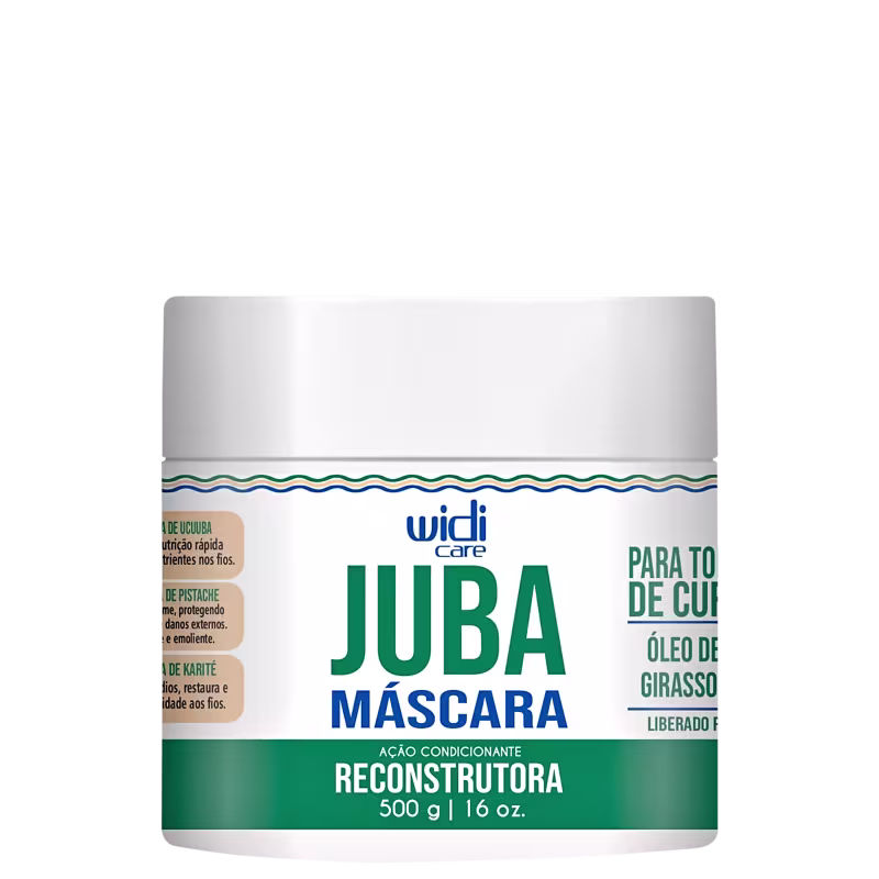 Juba Máscara Reconstrutura da Widi Care, em embalagem branca com detalhes em azul e verde, contendo 500g de óleo de girassó para tratamento capilar.