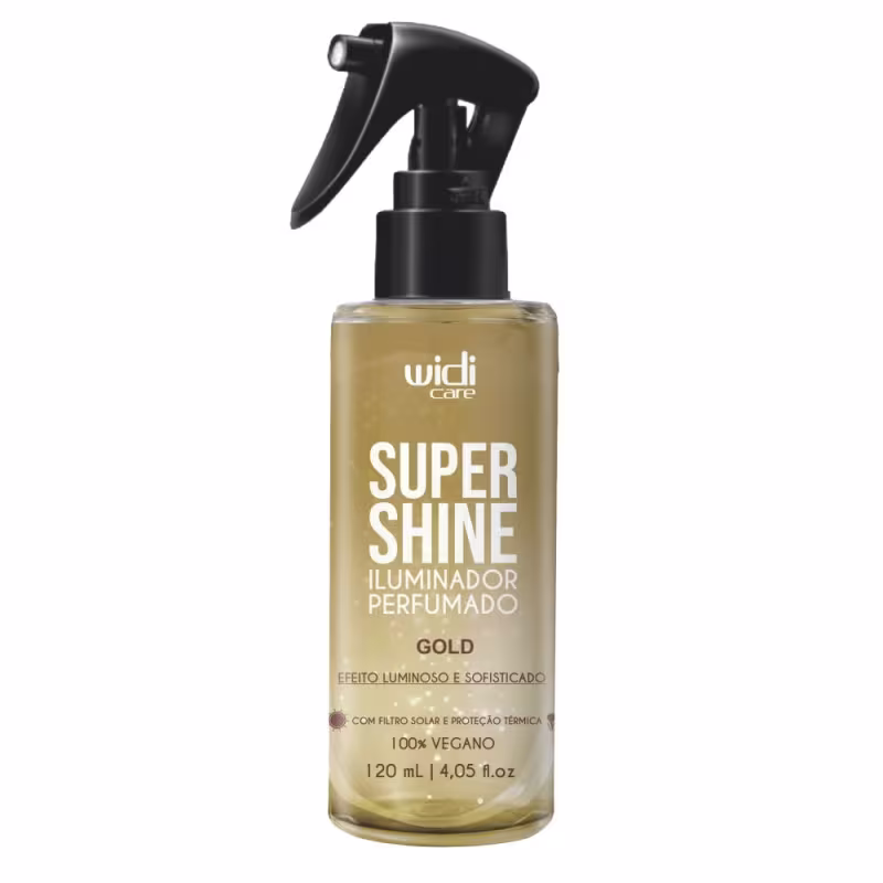 Frasco de spray preto e dourado da linha Super Shine da Widi Care, um iluminador perfumado com efeito luminoso e sofisticado, contendo 120 ml do produto.