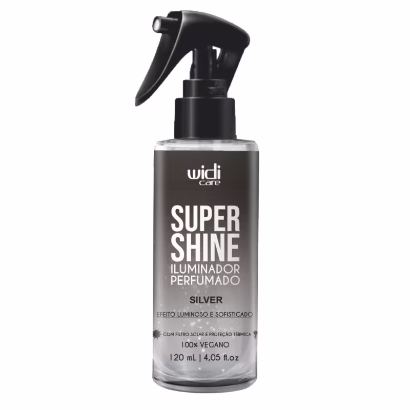 Frasco preto com gatilho de spray contendo iluminador perfumado Super Shine da marca Widi Care na cor prata, com efeito luminoso e sofisticado, protegido contra raios UV e 100% vegano.