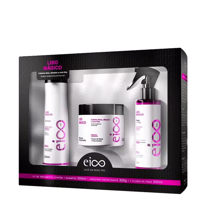 Kit Eico Pro Liso Mágico - Shampoo 300ml + Máscara Tratamento 300g + Fluido 200ml