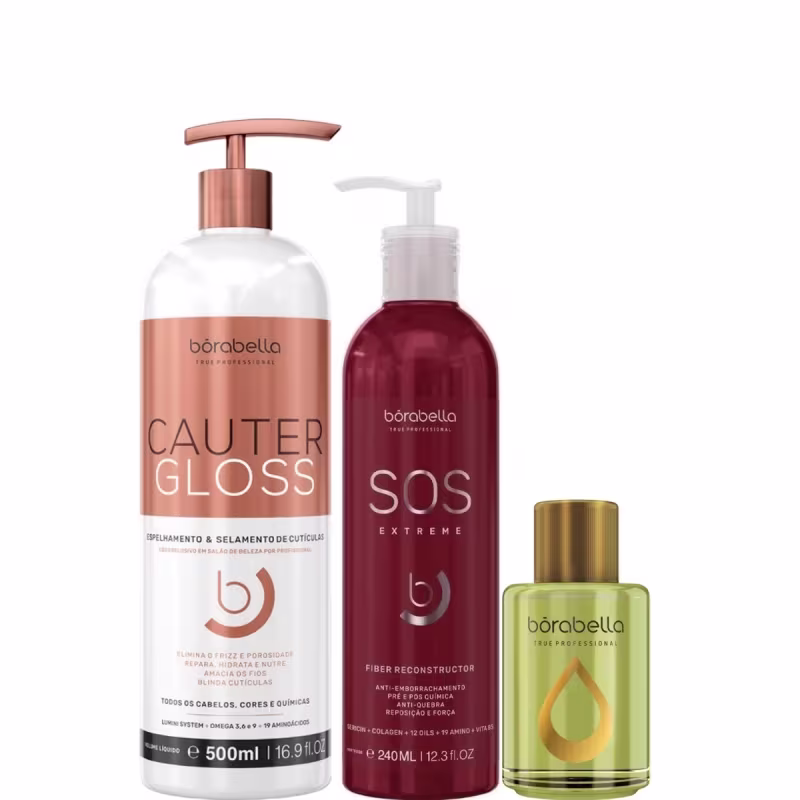 Produtos da marca Borabella: Cauter Gloss 500ml + SOS Extreme 240ml + Óleo de Argan 7ml