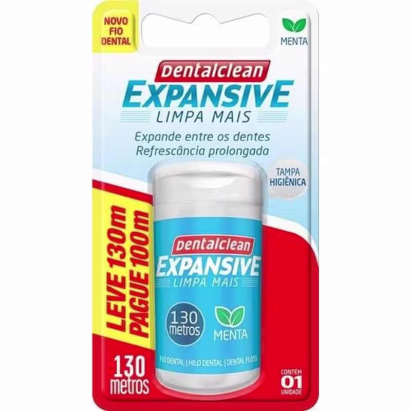 Produto de higiene bucal Dentalclean Expansive. Embalagem plástica contendo um fio dental de 130 metros. Cores predominantes azul, vermelho, amarelo e branco. Rótulo com o nome do produto "Dentalclean Expansive Limpa Mais"