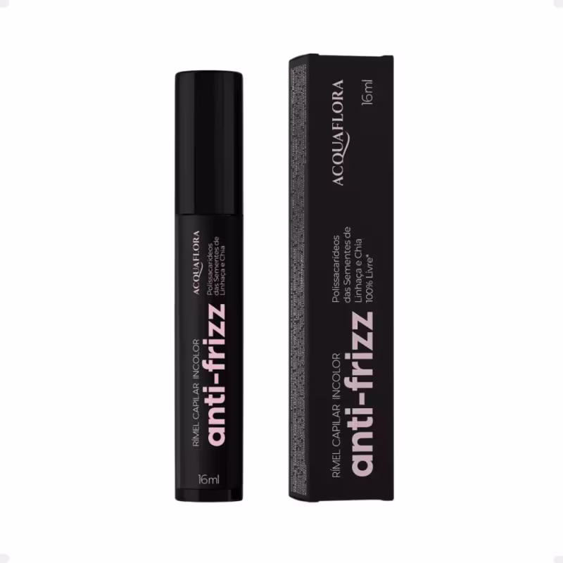 Frasco preto de 16ml da linha Anti-frizz da Acquaflora, com rótulo em preto destacando o nome do produto "Anti-frizz" e a marca Acquaflora. Caixa preta também visível ao lado do frasco.