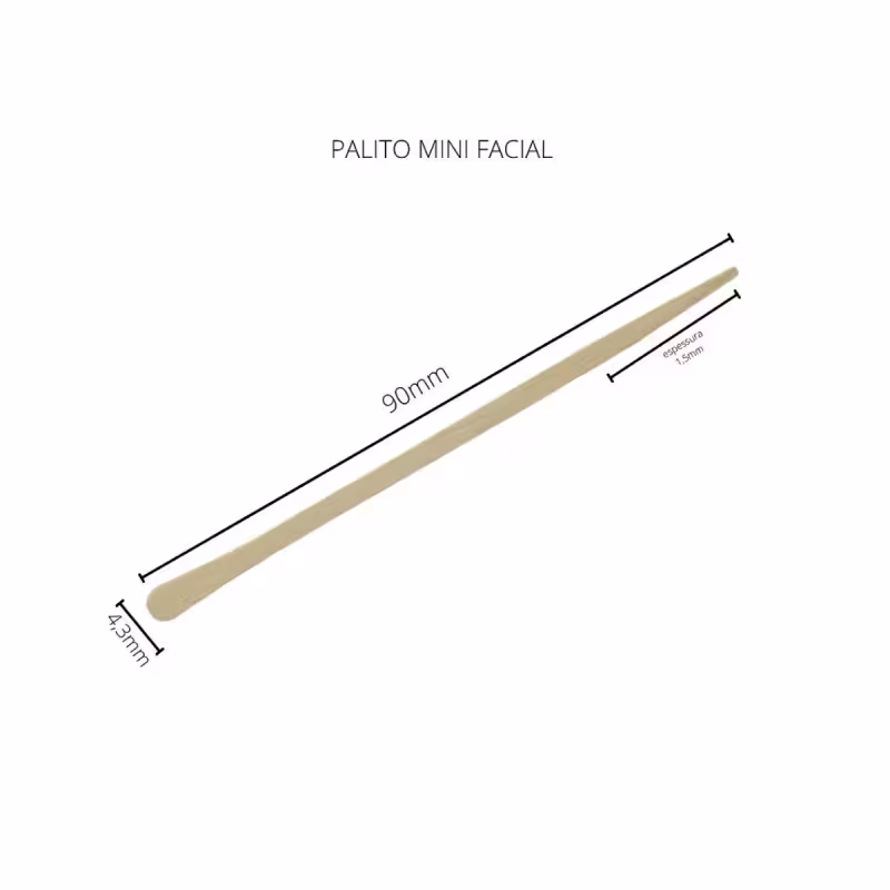 A imagem mostra o mini palito facial, ele é de madeira longo e fino, medindo 90 mm de comprimento e 1,5 mm de espessura. Possui uma cor bege claro. Há dimensões e o nome do produto "PALITO MINI FACIAL" escritos em letras pretas na imagem.