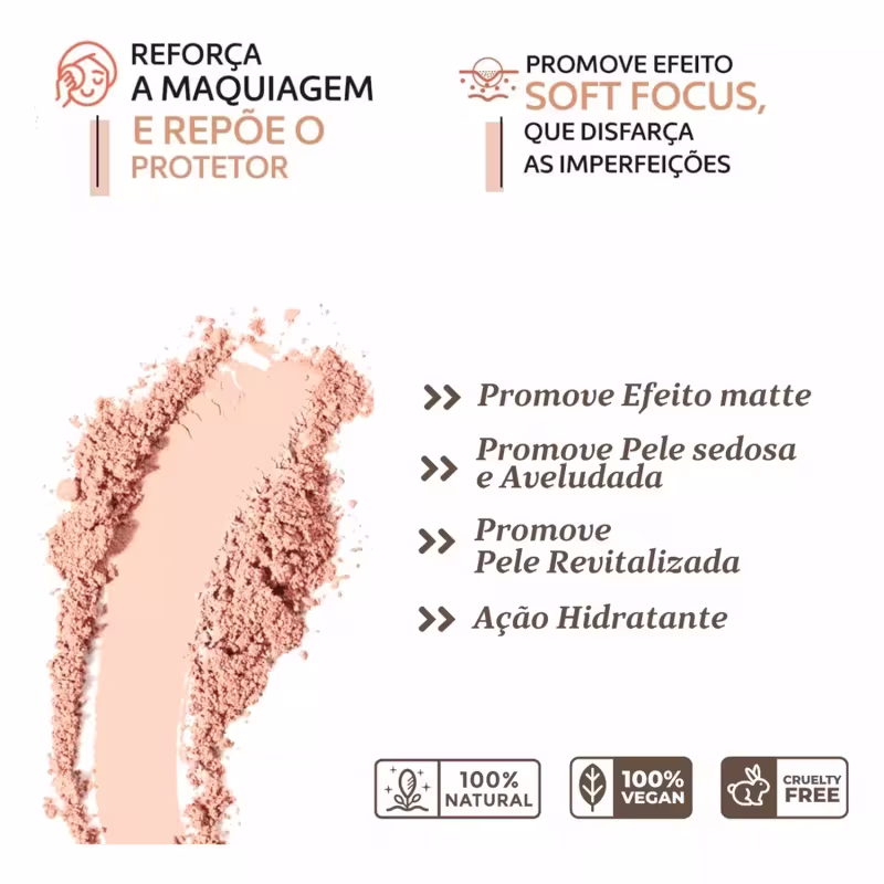 Reforca a maquiagem e repoe o protetor. Promove efeito soft focus, que disfarça as imperfeições. Promove efeito matte, pele sedosa e aveludada, pele revitalizada e ação hidratante.