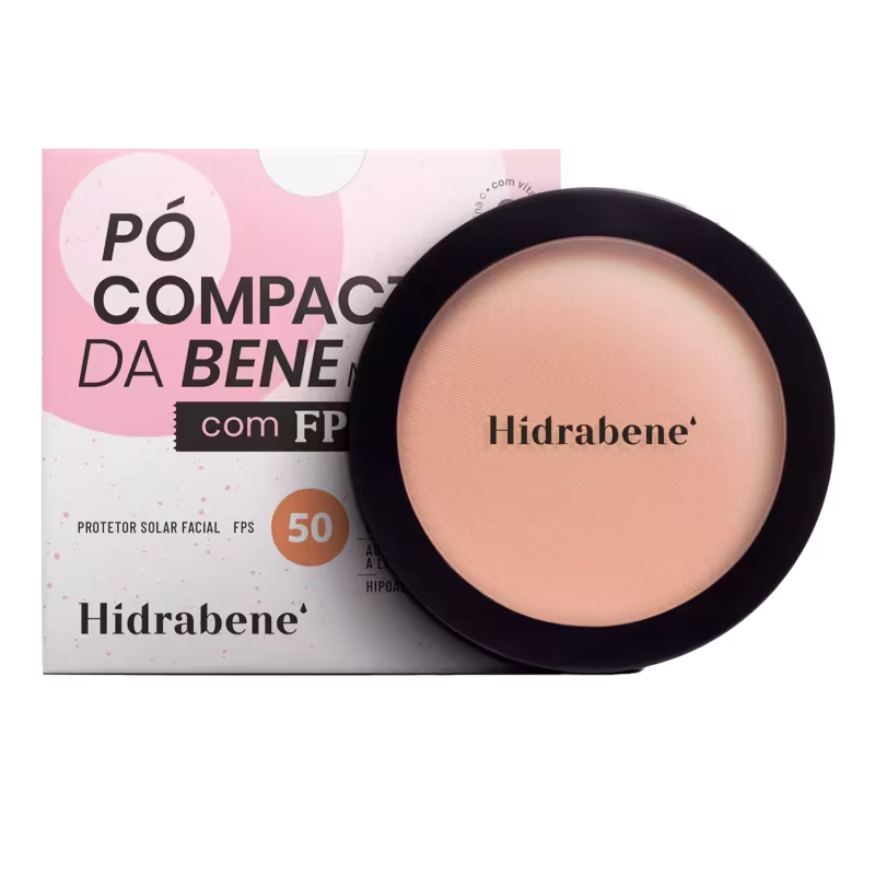 Pó compacto da marca Hidrabene com FPS 50, embalado em caixa rosa e recipiente preto redondo. O produto é um protetor solar facial em formato de pó compacto.