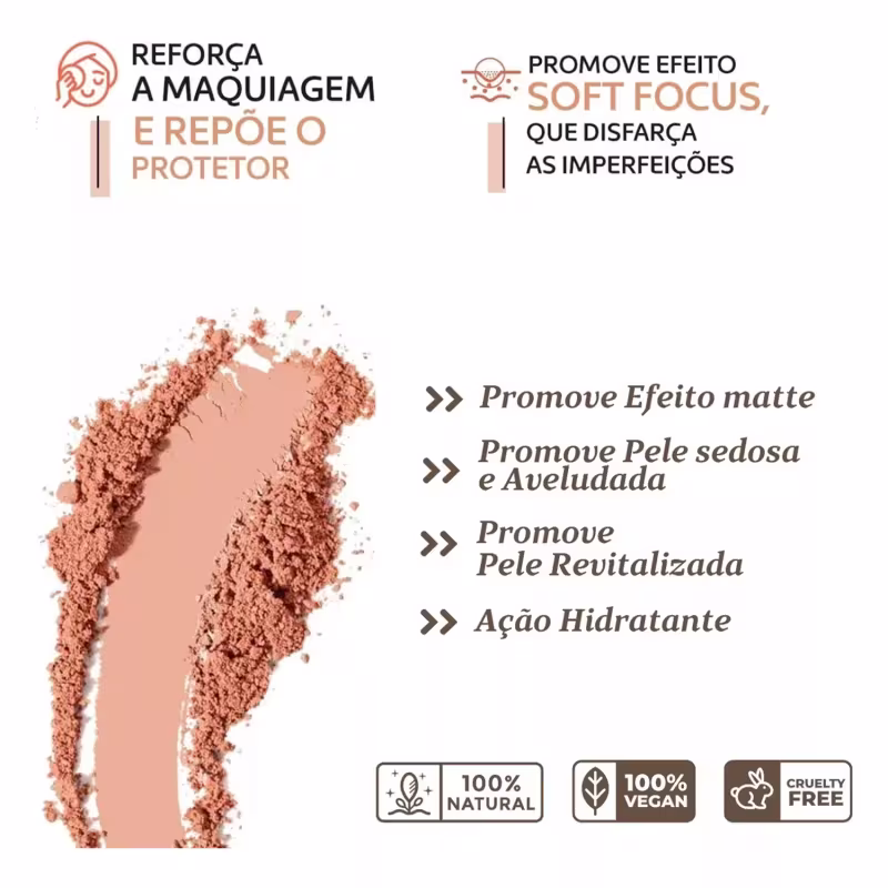 Reforça a maquiagem e repõe o protetor. Promove efeito soft focus, que disfarça as imperfeições. Promove efeito matte, pele sedosa e aveludada, pele revitalizada e ação hidratante.
