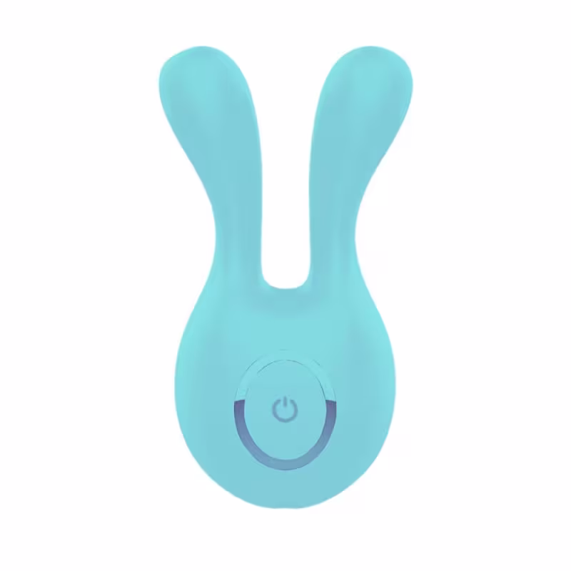 Vibrador de silicone em formato de coelho, com corpo azul-turquesa e botão de acionamento na parte central. Produto de beleza da marca Sexy Import.