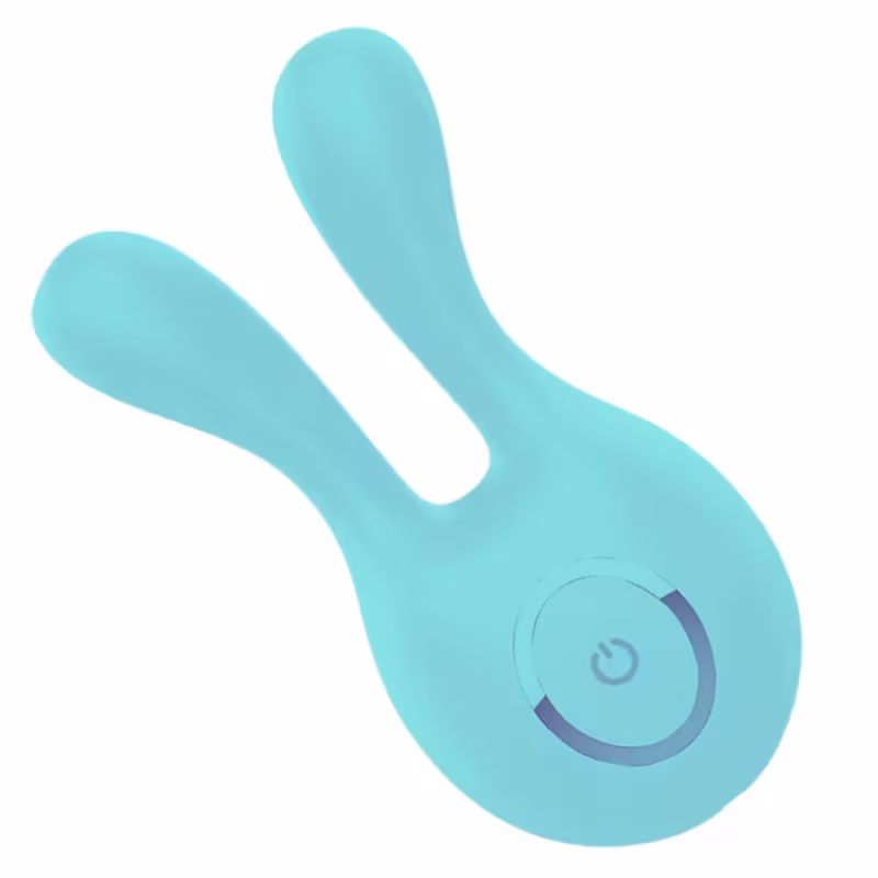 Vibrador de silicone azul-turquesa com formato ergonômico e botão de acionamento. Produto da marca Sexy Import, projetado para proporcionar prazer e estimulação.