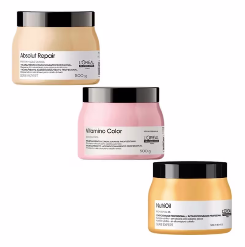 A imagem mostra três produtos de tratamento capilar profissional da marca L'Oreal Professionnel. O primeiro o "Absolut Repair" e com 500g de conteúdo. O segundo é o "Vitamino Color", também com 500g. O terceiro é o "NutriOil".