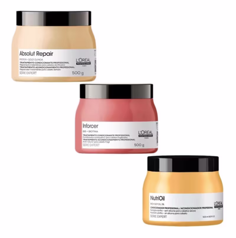 A imagem mostra 3 produtos da linha L'Oréal Professionnel Série Expert. São 3 potes com tampas pretas. O primeiro pote é amarelo e destaca "NutriOil". O segundo pote é rosa e traz o texto Inforcer. O terceiro pote é bege e tem o texto Absolut Repair.
