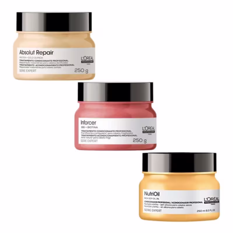 A imagem apresenta três potes de tratamento capilar da marca L'Oréal Professionnel. O primeiro possui o rótulo "Absolut Repair". O segundo possui o rótulo "Inforcer". O terceiro possui o rótulo "Nutri Oil".