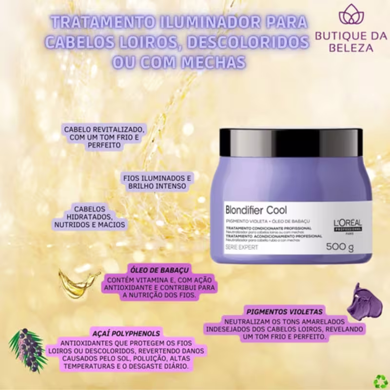É um tratamento iluminador para cabelos loiros, descoloridos ou com mechas da linha L'Oréal Professionnel Serie Expert. O produto vem em uma embalagem plástica roxa de 500g. A embalagem exibe o nome "Blondifier Cool".