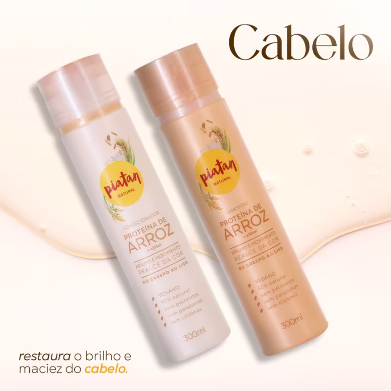 A imagem mostra o shampoo e o condicionador de proteína de arroz lado a lado e texto destaca: Cabelo, restaura o brilho e maciez do cabelo.