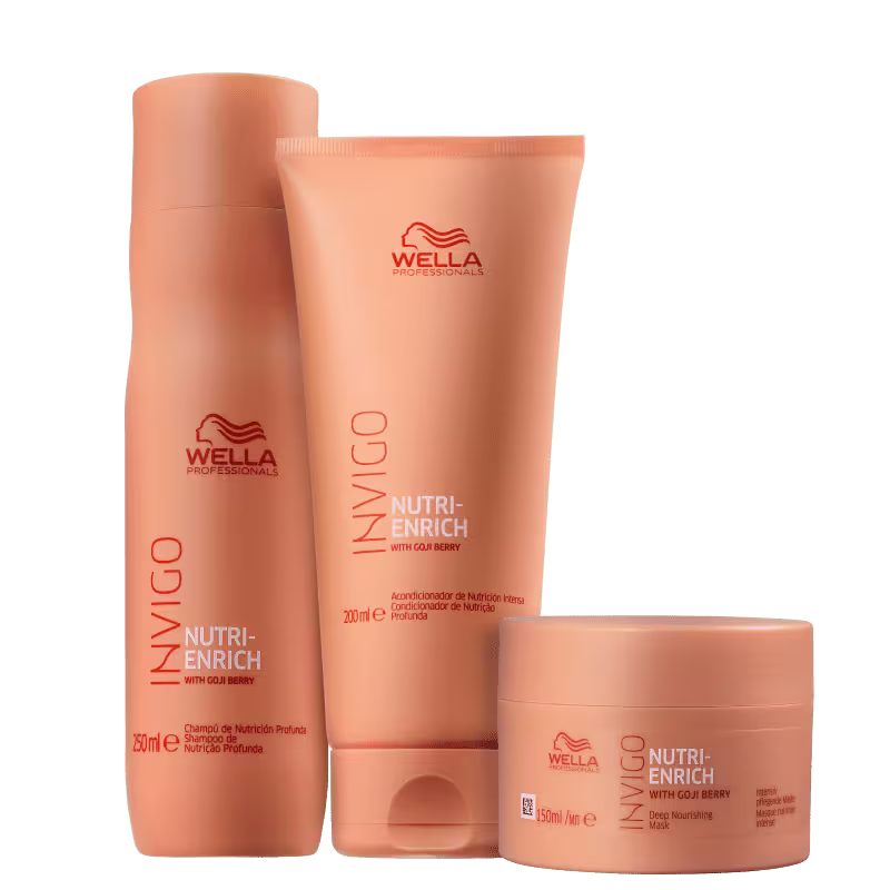 A imagem mostra o shampoo em um frasco cilíndrico salmão de 250ml, um condicionador em um tubo de 200ml e uma máscara nutritiva em um pote de 150ml.