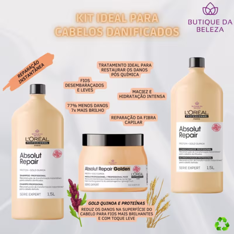 A imagem mostra uma linha de produtos para cabelos danificados da marca L'Oréal Professionnel, chamada Absolut Repair. Inclui um shampoo em um frasco bege de 1,5 litros, uma máscara capilar em um pote bege e um condicionador de 1,5 litros.