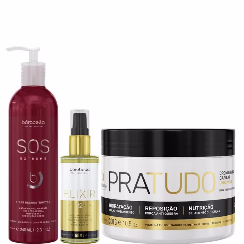 Kit com máscara de reconstrução SOS Extreme, óleo capilar Elixir e máscara capilar Pra Tudo, da marca Borabella.