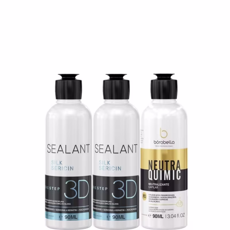 Kit com duas escovas progressivas Selagem 3D e neutralizante capilar NeutraQuimic, da marca Borabella.