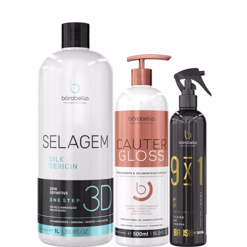 Kit com escova progressiva Selagem 3D, máscara Cauter Gloss e leave-in 9x1 Brush, da marca Borabella.